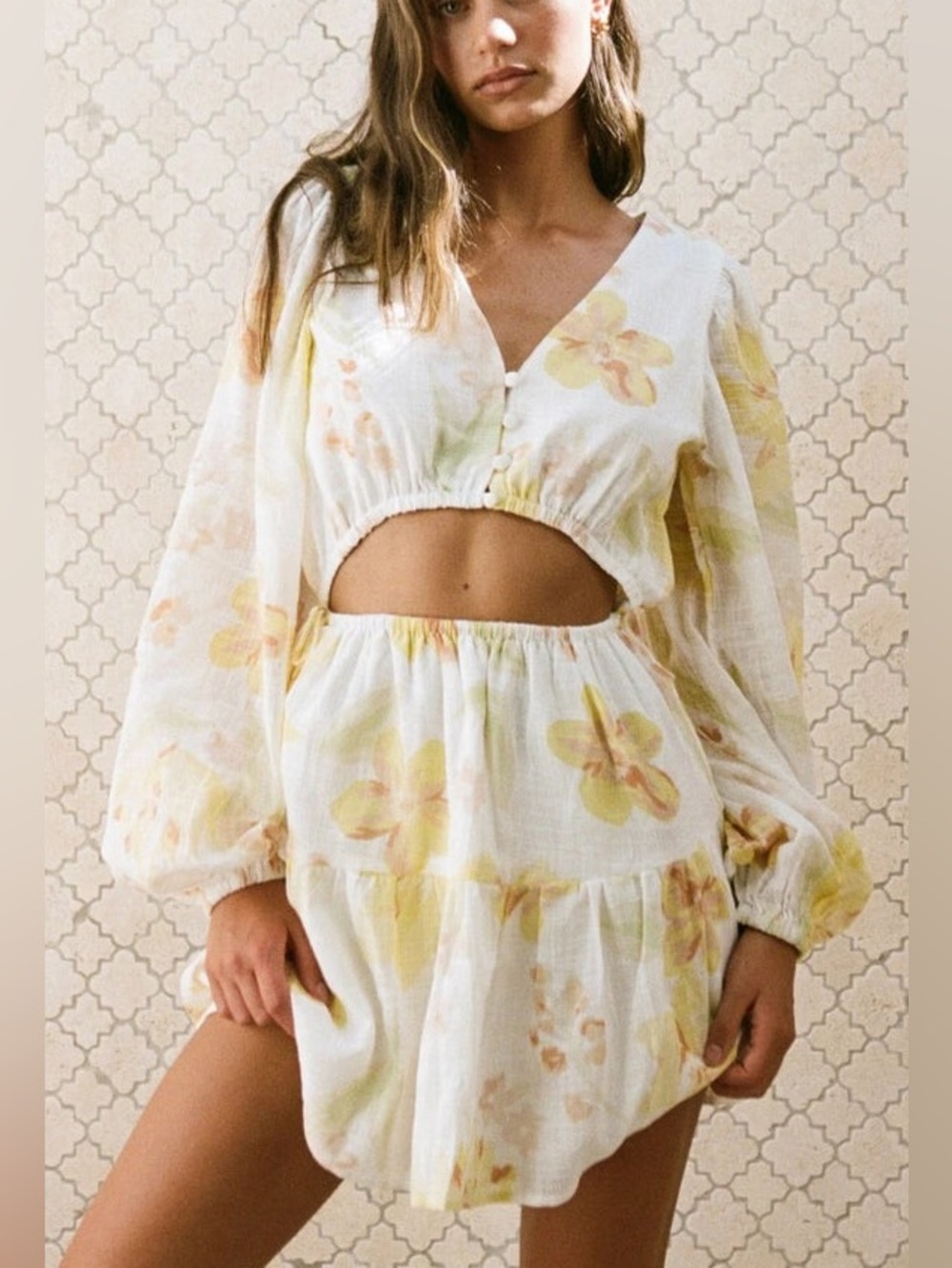 Sabo Cut Out Mini Long Sleeve Cotton Dress Yellow Floral Size Small *Flawed*